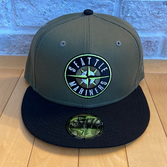 NEW ERA 59FIFTY SEATTLE MARINERS FITTED HAT SIZE 7 3/8 TWO TONE OLIVE BLACK CAP